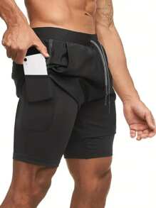 2-In-1 Double Layer Shorts With Zipper Pockets, Men High Elastic Sports Shorts For Gym Fitness Training, Summer