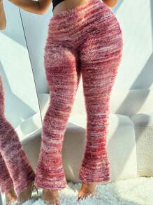 Knitted Striped Print Fleece Leggings, Suitable For Autumn/Winter - 酒紅色 - 查看 3