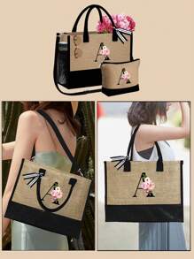 Túi tote họa tiết hoa Begonia hồng, chữ cái đen từ A đến Z, có quai đeo vai và túi đựng mỹ phẩm, túi quà tặng cá nhân hóa có ngăn bên hông, túi đi biển kèm khăn quàng cổ, túi đựng đồ du lịch đơn giản, túi đựng mỹ phẩm du lịch. - Màu Khaki - Xem 6