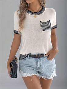 Women's Round Neck Contrast Stripe Pocket Short Sleeve Knit Top, Beach Holiday Vacation, Summer - Apricot - View 4