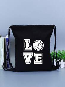 Black Drawstring Backpack Printed With The 'Love' And Ball Patterns Monogram,Storage Bag, Small Backpack, Convenient Backpack, Shopping Backpack, Drawstring Storage Bag, Student Backpack, Lightweight Large Capacity Backpack For Outdoor Activities - Black - View 2