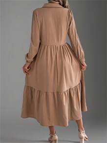 Vestido de otoño con cuello de solapa, tapeta parcial con botones, manga larga, ribete de volantes, liso, midi, recto, sofisticado, para el día y la noche, para mujer - Caqui - Ver 2