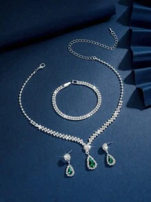 4pcs/Set Minimalist Elegant Floral Drop Pendant Necklace, Earrings, Bracelet Jewelry Set, Rhinestones Bridal Wedding Dress Accessories, Party, Valentine's Day Gifts For Her,Mom,Mother,Mother's Day,Gift