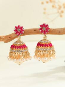 1 Pair Colorful Bohemian Style Crystal Flower Earrings With Tassel & Bell Decor, Faux Pearl Drop Earrings, Charming Earrings Suitable For Women's Daily Wear, Festivals, Weddings And Parties - Multicolor - View 7