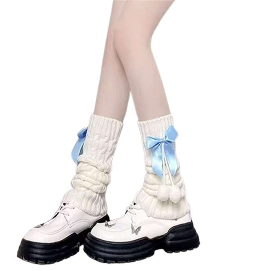 Lolita Pink Bow Hairball Stocking Pile Socks - White - Average Size - Màu xanh lam - Xem 1