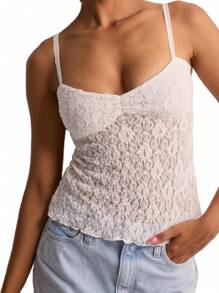 Women's Lace Cami Tops Sleeveless Spaghetti Strap Ruched Front Camisole Slim Fit Tank Tops - White - View 6
