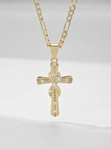 1 pieza Collar colgante con cruz de Jesús de 14K color oro, estilo europeo y americano, hipoalergénico, con relieve en capas e incrustación de cobre y circonita, adecuado como regalo para madres, San Valentín, parejas, amigos, cristianos, para uso diario, festivales y oración