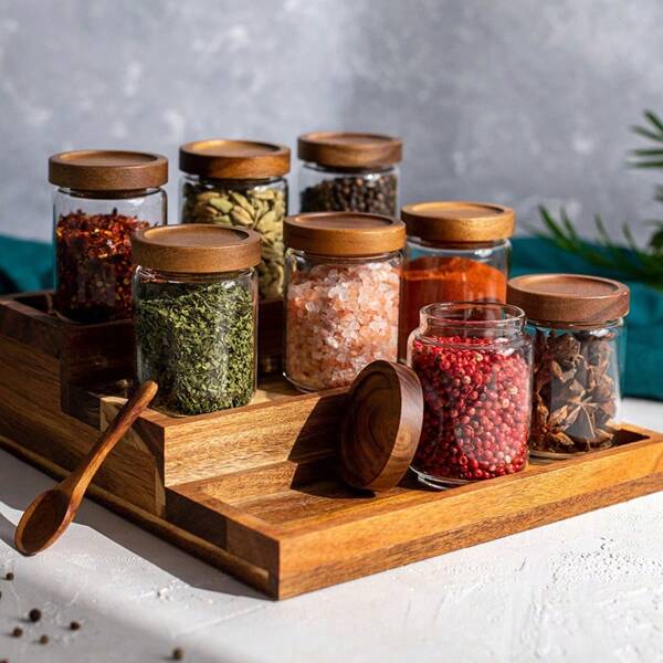 Tarro de almacenamiento de vidrio redondo con tapa de madera de palo de rosa, botella de almacenamiento de especias/comino de cocina del hogar