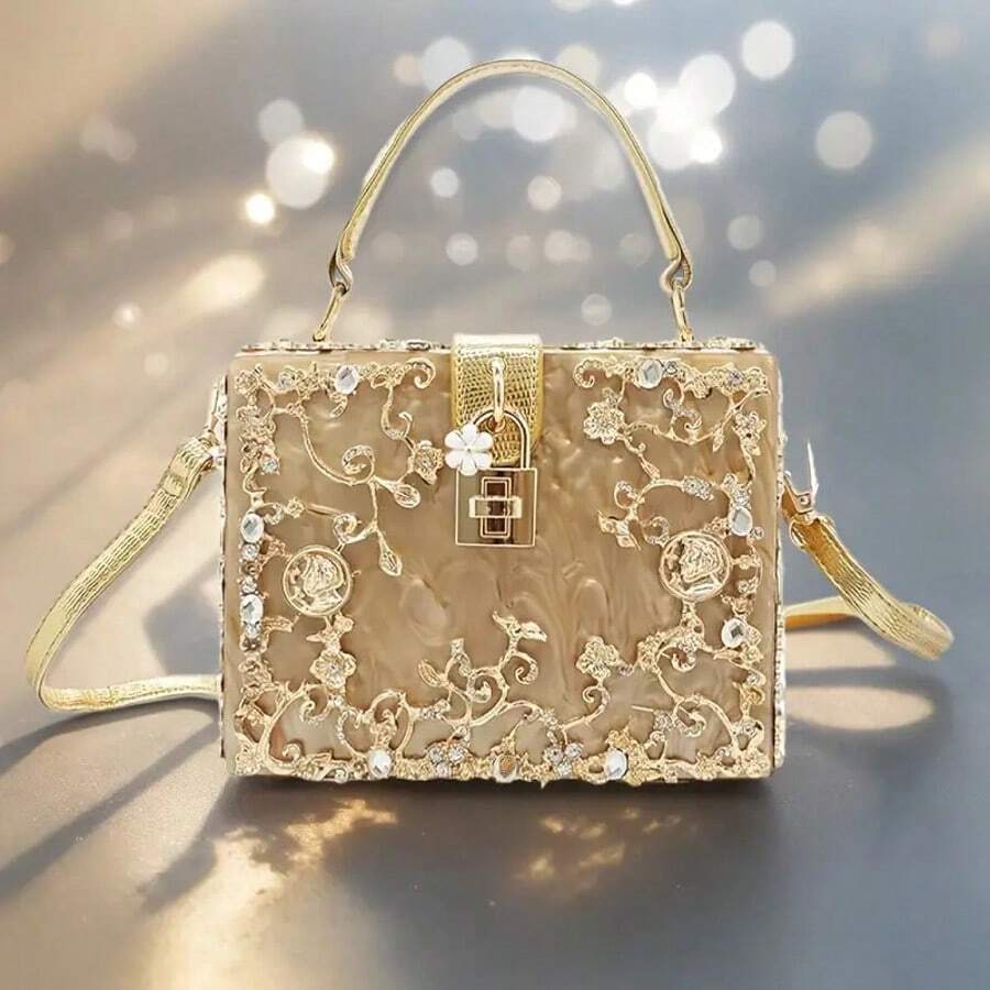 Formal Evening Clutch Acrylic Square Box Bag With Rhinestones Shoulder Bag Crossbody Bag Purse - 金色 - 查看 1