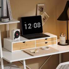 SoBuy BBF11-WN Soporte para monitor con 3 cajones Blanco y Natural Elevador Pantalla Ordenador Elevador Monitor Escritorio Elevador Monitor Soporte Monitor Escritorio Organizadores Elevador Monitor Soporte para Monitor Y Portátil Muebles de Oficina en Casa, Mobiliario de estudio Blanco + Caqui estilo nórdico, estilo sencillo - Blanco - Ver 7