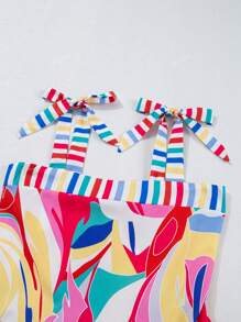 Acelitt Summer Colorful Abstract Print Color Block Tie Front Spaghetti Strap Wide Neck Loose Dress For Women