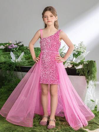 Tween Girl Asymmetrical Neckline Contrast Mesh Sequin Dress