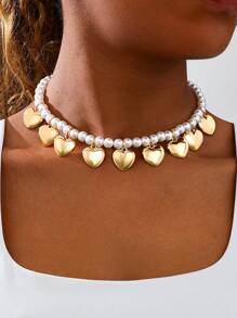 1 Classic Faux Pearl Necklace Paired With Heart-Shaped Pendant Necklace Suitable For Daily Dating And Gift Giving