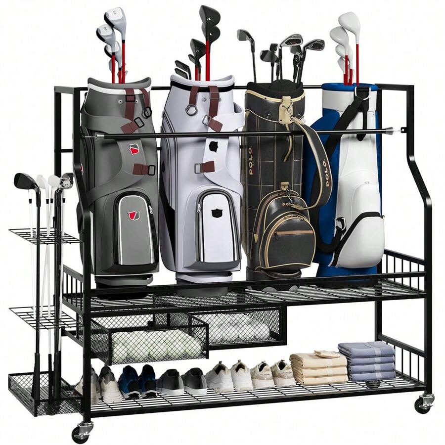 Golf Bag Storage Garage Organizer,Golf Bag Storage Rack W/Drawer For Golfing Bags, Clubs, Balls, Gadgets, Accessories & Equipment,Golf Bag Stand W/Wheels For Home, Golf Course - 45.7 X 42.2 X 15.7 Inch - View 1
