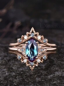 奢华订婚戒指套装，镶嵌独特六月诞生石，玫瑰金结婚戒指