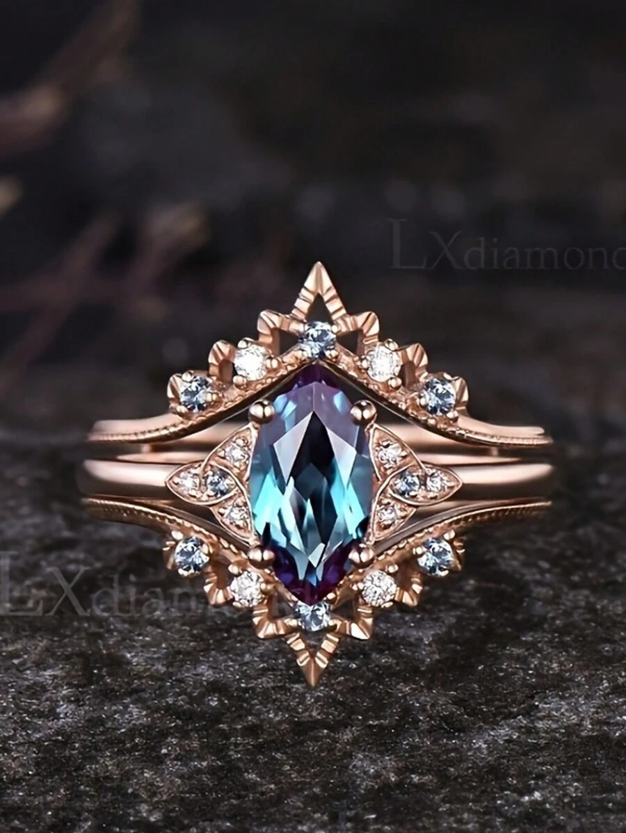 奢华订婚戒指套装，镶嵌独特六月诞生石，玫瑰金结婚戒指