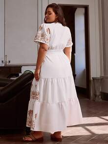Simplee Vestido largo casual con cuello en V y mangas cortas con estampado de palmeras para mujer talla grande, estilo vintage, primavera - Blanco - Ver 5