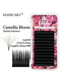 12盒 MASSCAKU 0.05mm 0.07mm 厚度半永久单根蚕丝睫毛嫁接，DD 卷度，8-12mm 混合长度，山茶花图案，自然轻盈，自动扇形睫毛托盘，适用于美睫沙龙、睫毛簇、单根睫毛、假睫毛等。 - DD - 查看 1