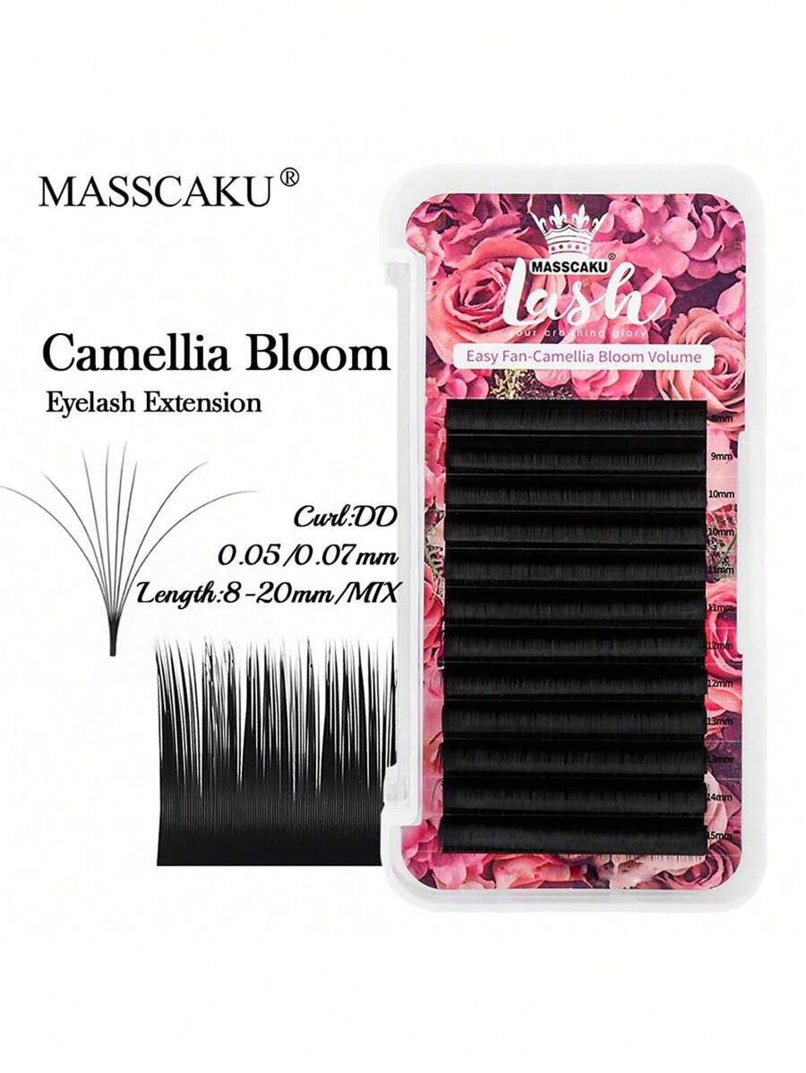 12盒 MASSCAKU 0.05mm 0.07mm 厚度半永久单根蚕丝睫毛嫁接，DD 卷度，8-12mm 混合长度，山茶花图案，自然轻盈，自动扇形睫毛托盘，适用于美睫沙龙、睫毛簇、单根睫毛、假睫毛等。 - DD - 查看 1