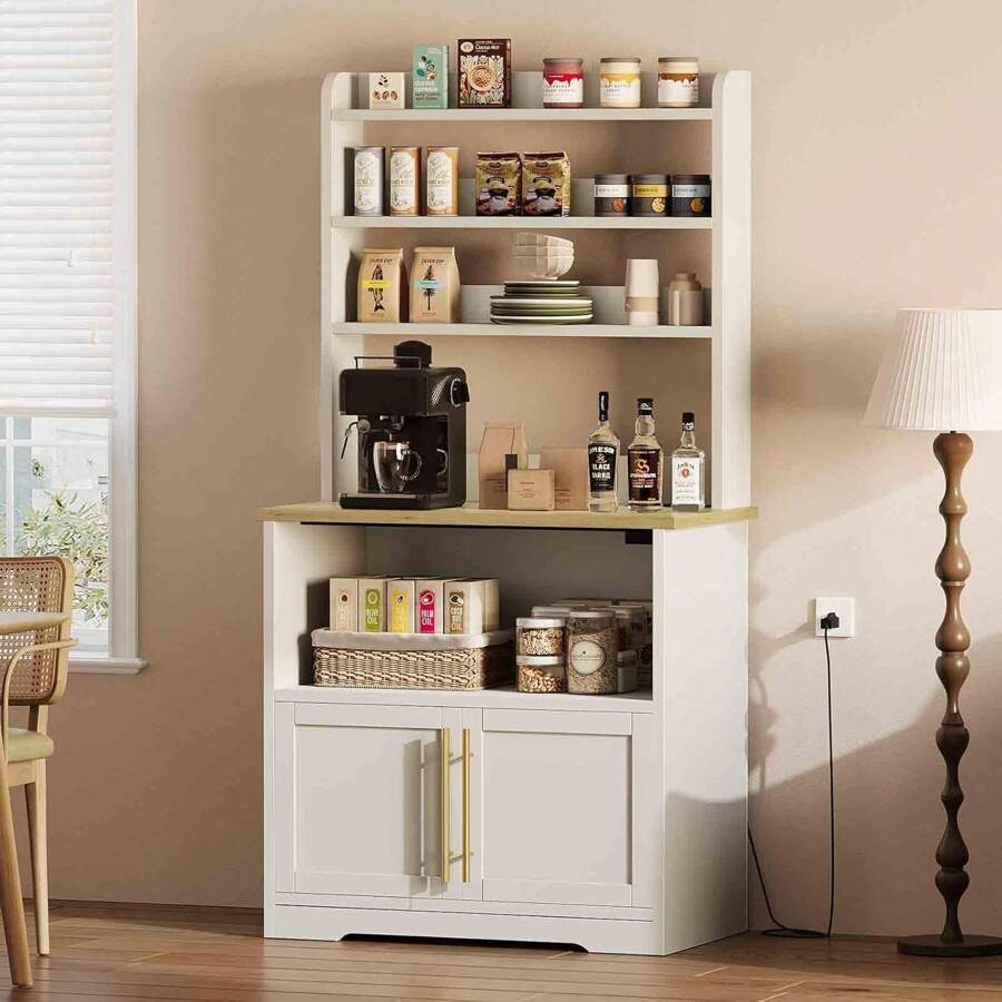 Microwave Stand Bakers Rack Cabinet, Farmhouse Bakers Rack With Power Outlet With Thickened Counter, Freestanding Small Kitchen Bakers Rack With Large Storage, Easy Assembly