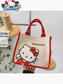 Sanrio Hello Kitty Canvas Kids Tote Bag - Lightweight Cute Multifunctional Girl's Handbag With Cosmetic Bag - Available In Red, Green And Black