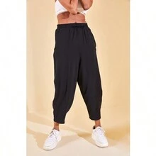 XHAN Quần ống rộng có cạp chun - Đen - màu đen - Xem 7