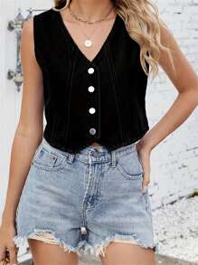Women's Solid Color Denim Vest Sleeveless V Neck Slim Fit Trendy Button Up Tank Tops
