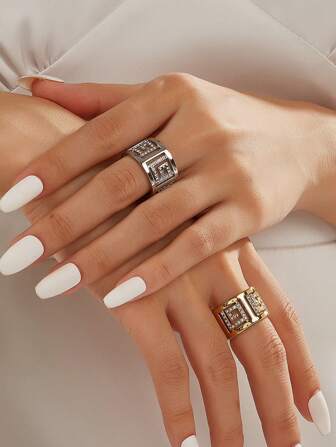 1 件 18K 镀金华丽风格不锈钢方晶锆石戒指女士珠宝婚礼派对约会礼物