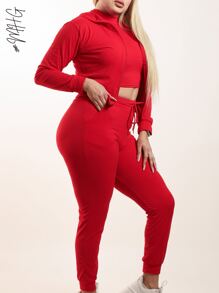 Solid Hooded Coat & Crop Top & Drawstring Waist Pants - Red - View 4