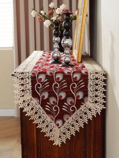 1 件欧根纱桌旗，彩色刺绣工艺，水溶性镂空蕾丝边，适用于厨房、餐桌、会议桌、橱柜、电视柜、鞋柜、装饰、家居装饰、室内/室外、别墅、宴会、婚礼、派对、节日装饰、户外家具、派对、婚礼和其他聚会场合，多种尺寸可供选择