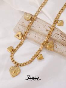 1 pieza Collar con colgante de corazón de acero inoxidable de moda y vintage para mujer, collar gargantilla con múltiples colgantes de corazón, regalo ideal para mejores amigas