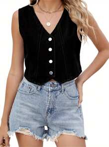 Women's Solid Color Denim Vest Sleeveless V Neck Slim Fit Trendy Button Up Tank Tops