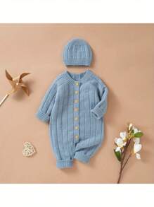Infant Winter Jumpsuit And Cap, Solid Color Long Sleeve Single-Breasted Knitted Romper, 0-18 Months - Màu xanh lam - Xem 4