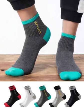 5/10 pièces Chaussettes col rond de sport pour hommes avec imprimé monogramme - absorption de l'humidité, légères - confortables et douces, style casual toutes saisons, parfait pour un usage quotidien, couleurs aléatoires