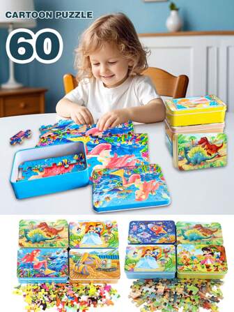 1 盒/60 片小号拼图，金属盒拼图板，适合儿童智力开发木制拼图，益智早教玩具，主题拼图木制玩具，适合幼儿园男孩和女孩的礼物