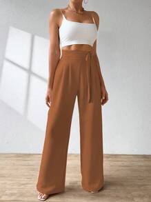 ADD WOMEN'S FASHION - AS1248 Women's Wide Leg Pants, Elastic Waistband, Tailored, Casual, High Waist, Bell Bottom, Casual, Formal, Delicate, Light, Belt, Comfortable, Stylish, Fashion, Glamorous, , National Shipping - 鏽棕色 - 查看 5