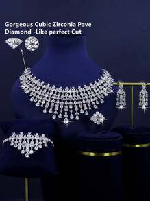 5pcs White Gold Plated Luxury Royal Style Tassel Leaf Design Bridal Wedding Jewelry Set, Handset White Cubic Zirconia, Including Necklace, Bracelet, Earrings, Ring, Suitable For Daily Wedding, Wedding Anniversary Gift (Gift Box Packaging) Included