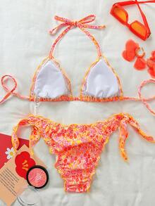 Conjunto de bikini de 2 piezas con volantes de encaje floral lindo, adecuado para vacaciones de verano en la isla y natación