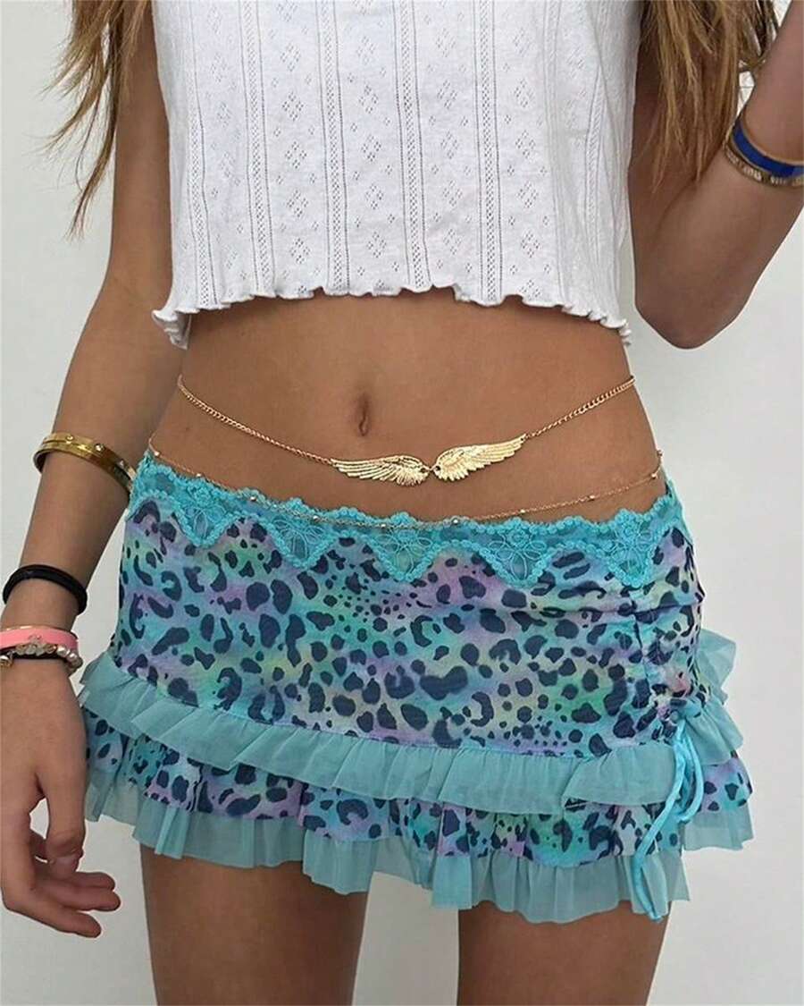 Women Mini Short Skirt Low Waisted Leopard Print Ruffle Lace Edge Fashion Short Skirt - Blue - View 1