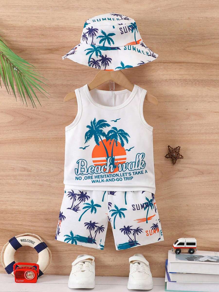Set de 3 piezas: Chaleco con estampado de palmeras, pantalones cortos con estampado total y sombrero de sol para niños pequeños - Conjunto de vestir casual para vacaciones