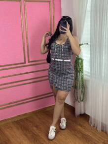 Short Dress With Wide Straps And Buttons And Leg Opening (Includes Belt) - Navy Blue - View 2