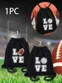 Black Drawstring Backpack Printed With The 'Love' And Ball Patterns Monogram,Storage Bag, Small Backpack, Convenient Backpack, Shopping Backpack, Drawstring Storage Bag, Student Backpack, Lightweight Large Capacity Backpack For Outdoor Activities - Black - View 1