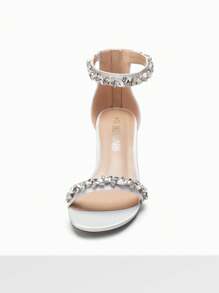 Women Chunky Low Heel Pump Sandals  Rhinestone Decor Ankle Strap Open Toe Heeled Sandals, For Daily Wearing Prom Party Wedding - 白色 - 查看 4