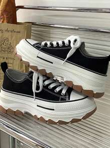 Tenis De Mujer Blancos Zapatillas De Lona , Tenis Damas,Zapatos De Caña Alta Deportivas Mujer Lona Fondo Grueso , Nuevos zapatos de lona planos de primavera-verano 2025, Zapatos Casuales de Suela Gruesa, Zapatos Lona Deportivos Casuales Para Mujer Blancos Diseño , Tenis Mujer Plataforma Deportivo Casuale Moda - Negro - Ver 6