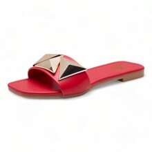 Sandalias Planas para Mujer en Piel con Estoperoles, Diseño Elegante y Cómodo para Uso Diario - Rojo - Ver 1