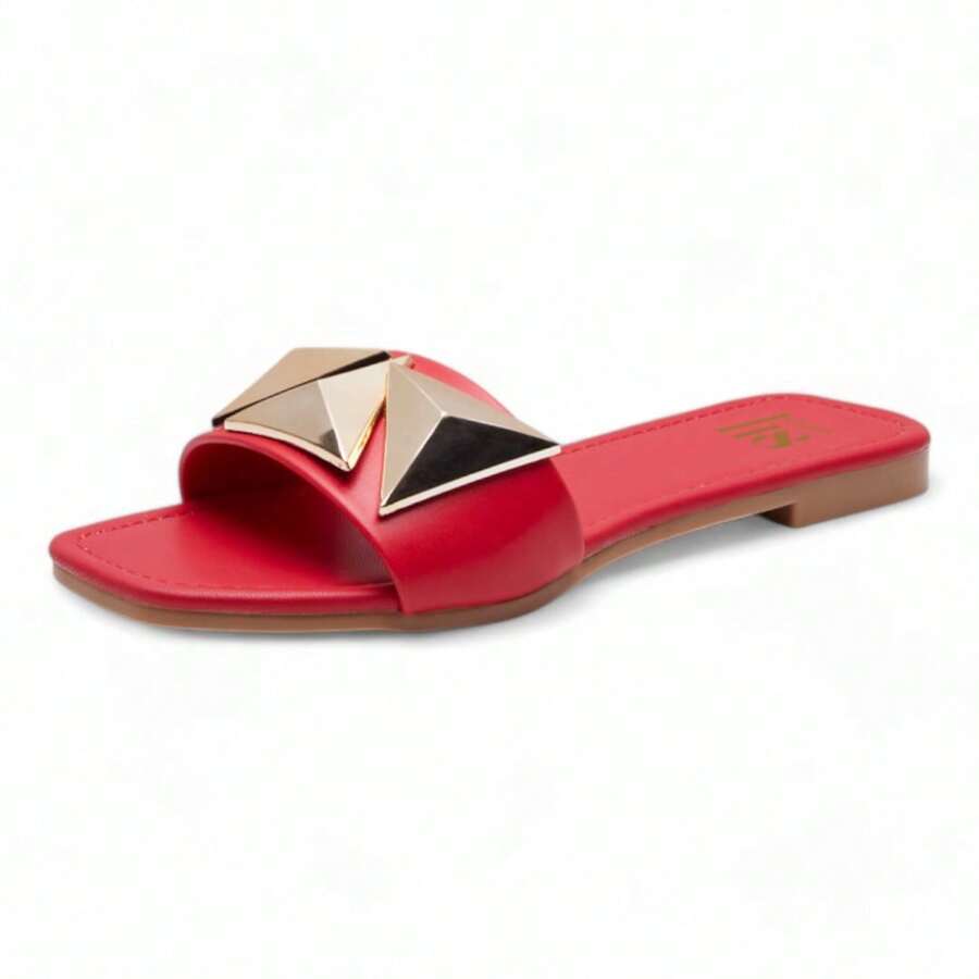 Sandalias Planas para Mujer en Piel con Estoperoles, Diseño Elegante y Cómodo para Uso Diario - Rojo - Ver 1
