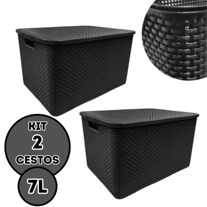 Kit 2 Cesto Organizador 7 litros Rattan Com Tampa Plástico Preto Cestinho Multiuso Caixa Organizadora