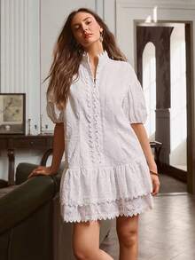 Simplee Women's Summer New Embroidered Ruffle Trim Front Button Closure Short Dress, Bohemian Style, Suitable For Music Festivals, Vacations, Outings, And Dates White - White - View 8