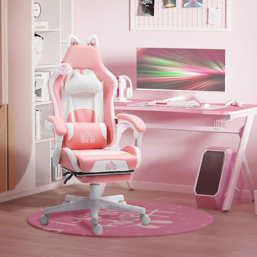 HOMCOM Sedia Gaming Ergonomica con Orecchie da Gatto, Poltrona Gaming Ufficio Reclinabile in Finta Pelle con Poggiapiedi, Poggiatesta Regolabile, Supporto Lombare e Cervicale, Altezza Regolabile, Rosa
