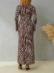 Women Long Dress Zebra Print Long Sleeve Flared Cuff Round Collar Slim Skirt Party Dress Maxi Dress - 棕色 - 查看 6